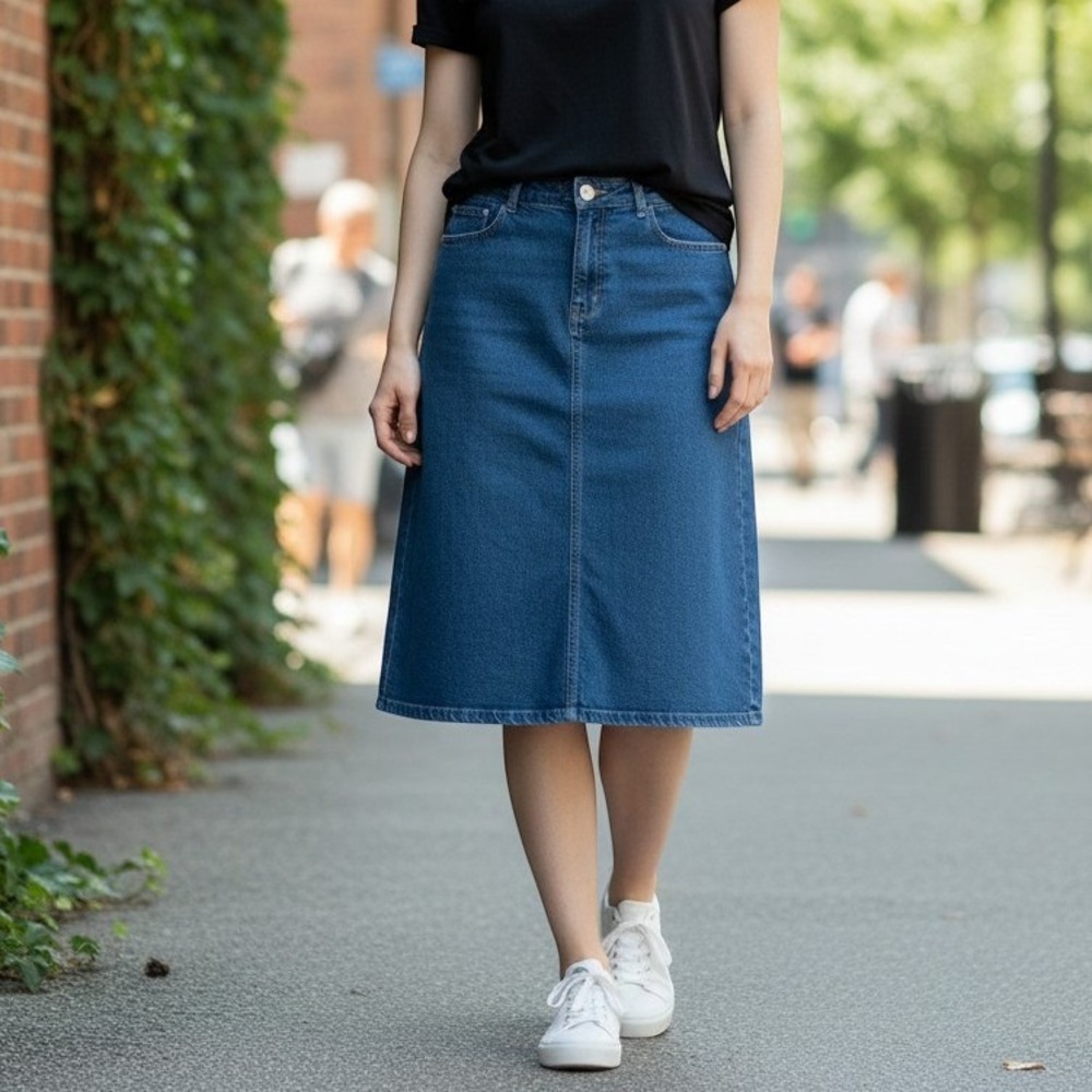 Unbranded Denim Midi Skirt Size M Women Blue Excellent A-Line Casual Stretch